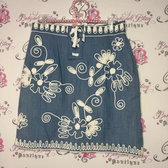 River woods skirt corset lace up tie ribbon embroidered floral flowers denim - Picture 6 of 13